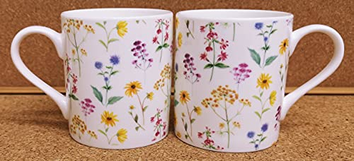 Meadow Flowers Mugs Set 2 Balmoral Fine Bone China Multi Colour Bright Floral Cups Hand Decorated UK