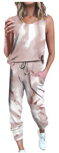 OverDose Boutique Tie-Dye Gilet sans Manches DéContracté Col Rond, Couture Haut De Bloc De Couleur, Costume Cordon De Serrage Pantalon De Sport éLastique Sport