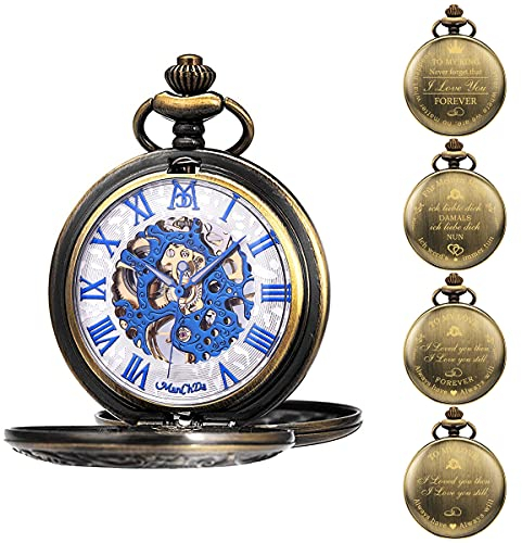 ManChDa Herren Taschenuhr Personalisiert, Gravur Taschenuhr mit Kette Klassische Jahrgang Mechanische Taschenuhr mit Kette Geschenke für Mama, Papa, Ehemann, Sohn, Trauzeugen (Blue with broze)