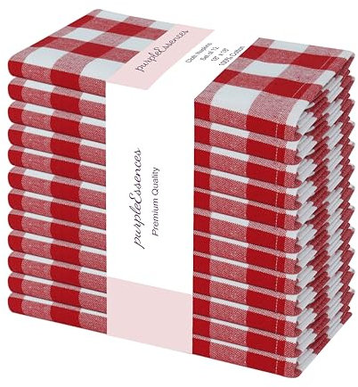 PurpleEssences Stoffservietten, Büffelkariert, kariert, 45.7x45.7 cm, 12 Stück, 100 % Baumwolle, weich, langlebig, waschbar, ideal für Veranstaltungen, Hochzeiten, Ostern, Rot,Weiß
