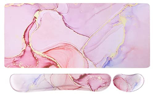 Mouse mat Set,iCasso Desk mat 900 x 400mm,Stitched Edges Gaming Mouse Pad & Mouse mat Wrist Support&Keyboard Wrist Rest,Waterproof Surface Desk Pad with Non-Slip Rubber Base (Pink Marble)