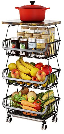 ANTOPY Obstkorb 4 Ebenen mit Holzplatte, Gemüseregal stapelbarer Obst- und Gemüsekorb Obstständer Organizer mit abschließbaren Rädern für Zwiebeln Kartoffeln Küche Speisekammer Badezimmer Garage