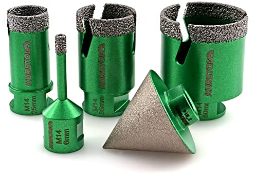 KURSTOL Tile Hole Saw Set - 4pcs Diamond Core Drill Bits 6/25/35/50mm 1pc Beveling Chamfer Bit 50mm M14 thread for Shaping Enlarging Porcelain Ceramic Tile Granite Marble Angle Grinder