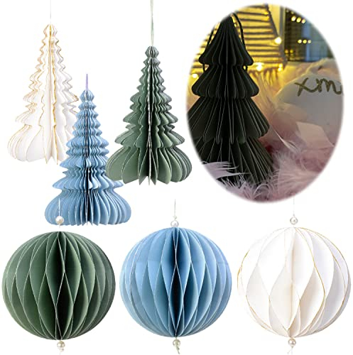 LS-LebenStil XL 3X Papier Tannenbaum Grün Blau Weiß 15cm Deko-Anhänger Weihnachten Baumschmuck