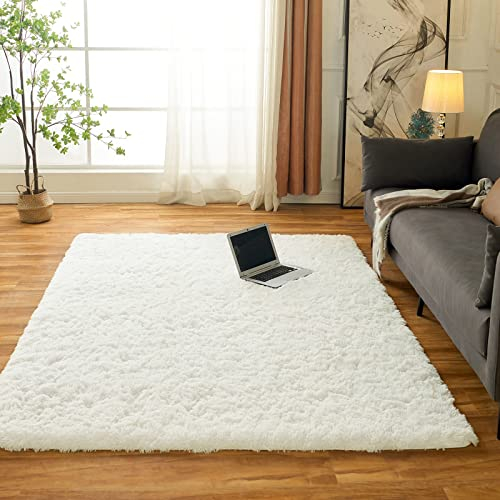 Obundi Teppich Schlafzimmer,Anti-Rutsch Hochflor Teppich für Schlafzimmer,Wohnzimmer,Kinderzimmer Waschbarer Tepich (Creme,80x120 cm)