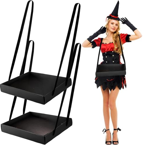 2 Pcs Wearable Party Tray Snack and Beverage Carrier Foldable Drink Carriers Drink Holder Movie Snack Trays with Strap Halloween Costume Accessory Prop with 4 Ribbons, 2 x 11 x 13 Inches (Black)