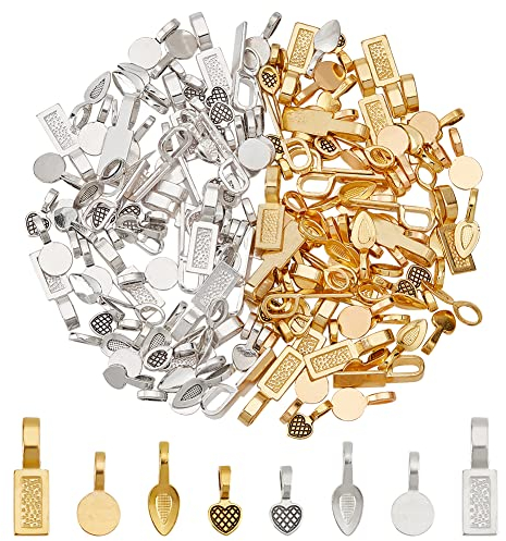 NBEADS 160 Pcs Alloy Glue-on Flat Pad Bails, 8 Styles Tibetan Style Alloy Flat Pad Bails Rectangle Heart Flat Round Teardrop Bails Connector Hanger for Jewelry Making