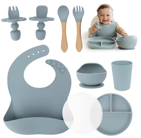 Yunioo Set de Alimentación Bebé Silicona, 9 Piezas Vajilla Infantil sin BPA, Plato y Cuenco con Ventosa, Babero, Cucharas, Vaso Entrenamiento, Microondas, Horno, Lavavajillas - Azul