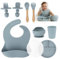 Yunioo - Coffret Repas Bebe Silicone | Lot de 9 | Vaisselle pour Bébé avec Ventouse |Assiette avec Couvercle, Bol, Fourche, Cuillère, Bavoir et Tasse | Passe au Lave | Vaisselle Micro Onde | Bleu