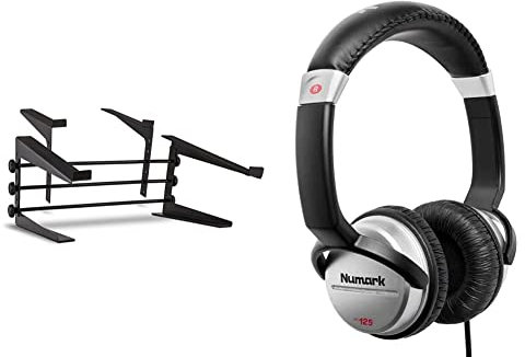 SLAP190 - IBIZA - Support double pour PC portable et régie DJ réglable - Noir & Numark HF125 – Casque Professionnel pour DJ Ultra-Portable avec Câble de 1,8 m, Haut-Parleurs 40 mm