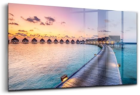 Wallfluent 100x50 cm Wanddekoration Glasbild Wohnzimmerdekoration Glas Küche - Sonnenuntergang Malediven