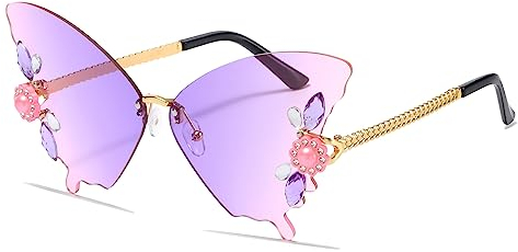 YAMEIZE Vintage Strass Schmetterling Rimless Sonnenbrillen - für Damen Herren Trendy Diamant Kristall Schmetterling geformt Rhinestone Butterfly Eyewear UV-Schutz Party