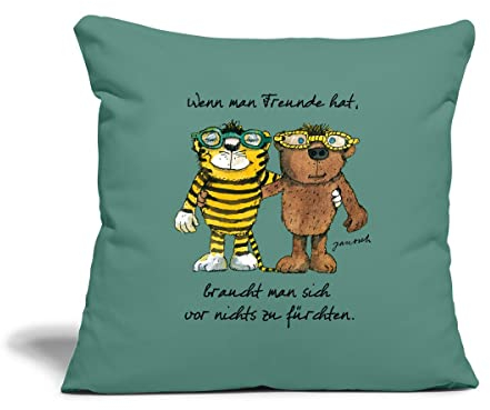 Spreadshirt Janosch Tiger Und Bär Wenn Man Freunde Hat Zitat Kissenbezug 45x45 cm, One Size, Tanngrün