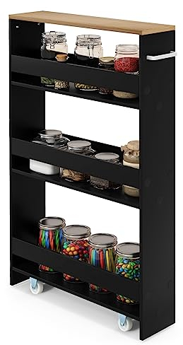 GIANTEX Nischenregal 13cm breit, Küchenregal Küchenschrank Küchenwagen, Nischenschrank Nischenwagen auf Rollen, Badregal Rollwagen Holz 4 Etagen, Schmales Regal für Küche, 47,5 x 13 x 80,5 cm