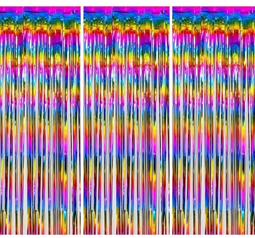 O-Kinee Lametta Vorhänge Bunt,Regenbogen Party Vorhang 3 Stück, Folienfransen Glitzervorhang 1m x 2m Tinsel Curtain,Fotowand Hintergrund Dekoration für Party,Geburtstag, Hochzeit,Festivals Deko