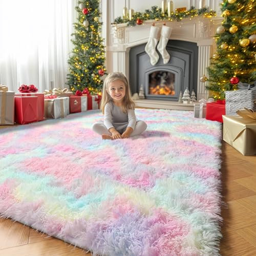 Amdrebio Bunte Kinderteppiche mit Regenbogen-Einhorn, für Mädchenzimmer, 20,3 x 25,4 cm, flauschiger Zottel-Teppich für Spielzimmer, Klassenzimmer, große Pastell-Raumdekoration, ästhetisch, niedlich