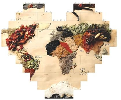 Weltkarte aus Gewürzen Druck Baustein Herz Baustein Personalisierte Ziegelstein-Puzzles Neuheit Ziegel-Puzzle für Männer Frauen Geburtstag Valentinstag Geschenke