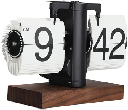 FOSA Flip Desk Clock, Retro Vintage Flip Desk Table Clock, Digital Sided Large Numbers Mechanical Flip Clock Wood Base for Living Room, Study Room and Office(Black)