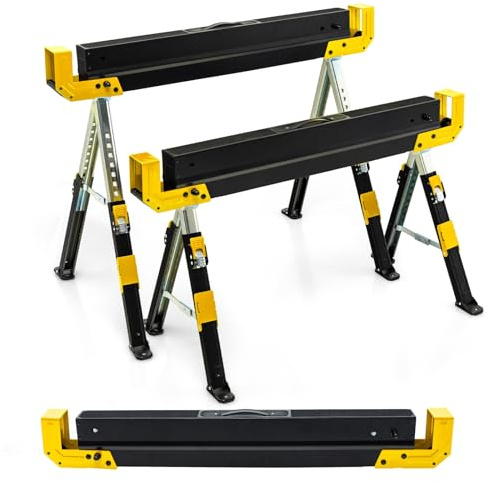 GYMAX 2er Set Sägebock höhenverstellbar 61,5–82,7 cm, tragbarer Arbeitsbock bis 1180 kg belastbar, klappbarer Unterstellbock, Werkstattbock mit Anti-Rutsch-Auflage & Tragegriff (Schwarz + Gelb)
