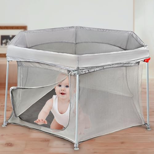 VANCLE Laufstall Baby Sechseckig 127 x 127 x 75cm, mit Weicher Matratze, Laufgitter Baby mit Atmungsaktivem Netz, BabyLaufstall mit Reißverschlusstür
