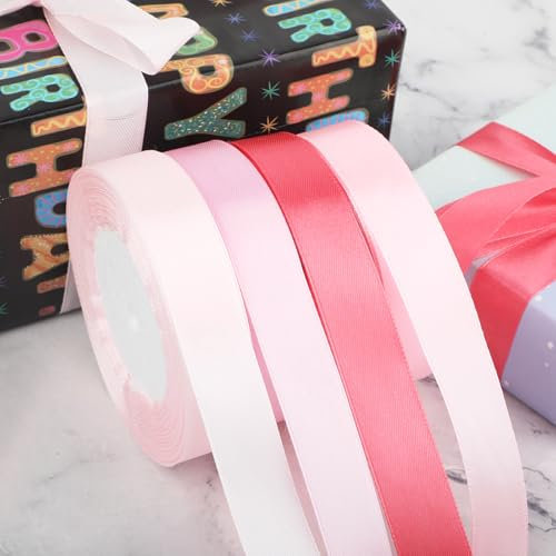 4 Rollen Satinband Rosa 20mm Breit, 88 Meters Geschenkband Satin Dekoration, Schleifenband zum Basteln, Stoffband für Taufe, Hochzeit, Geburtstag Geschenkverpackung, Haarschleifen Schleifenband