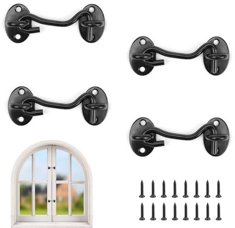 AMONENZ 4 Piezas 75 mm Pestillo Puerta Gancho, Negro Acero Inoxidable Gancho de Ventana, Pestillo de Gancho y Ojal con Tornillos, para Bloquear Ventanas, Persianas, Puertas Granero