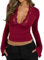 SamHeng Women's Long Sleeve Tops Sexy Lace Deep V Neck Trumpet Sleeve Crop Top Slim Fit Base Shirt Long Bell Sleeve Cropped Tee Tops Fashion Casual Solid Color Blouse Top Tee Shirts (Wine Red-M)