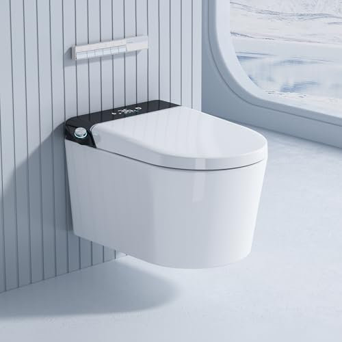 Aidoflo Smart Wall-Hung Toilet, One-Piece Elongated Intelligent Toilet with Heated Seat, Auto Flush, Warm Water and Warm Air Dryer, LED Display, Foot Sensor Operation, Remote Control, Night Light