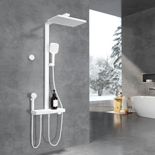 EMKE Colonne de Douche Thermostatique, Pommeau de Douche, Douche pour Enfants, Douche de Pluie Grande Taille de 360mm, 4 Sorties d'Eau, Installation Facile,Blanc Mat,1050x600x409 mm