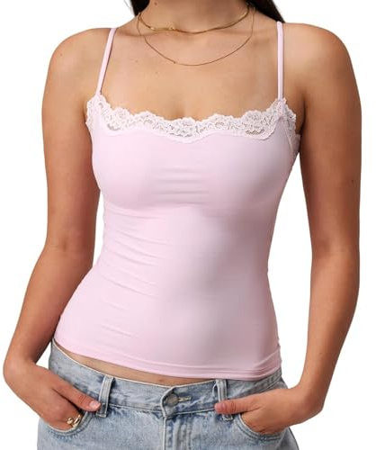 ensswliz Women Y2k Lace Trim Cami Tops Sleeveless Spaghetti Strap Crop Tank Tops Summer Going Out Camisoles Strap Basic Tops