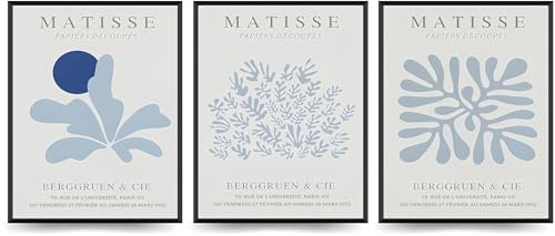 Linilioart Matisse Wandkunstdrucke, blau, abstraktes Poster, Set mit 3 Pflanzenblättern, ästhetische Bilder, Blumenmarktgemälde für Wohnzimmer, ungerahmt (30 x 40 cm)