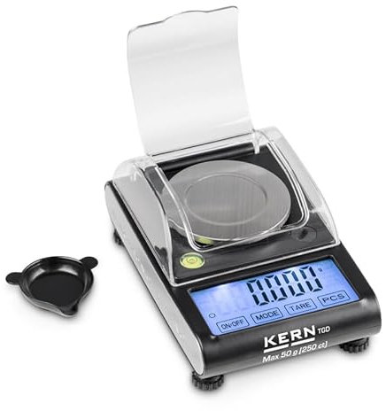 Kern TGD 50-3C Taschenwaage 50g/1mg - Präzise Schmuckwaage bis 50g, 0,001g Genauigkeit, Karatwaage 250 ct, Touch-Display, Edelstahl-Wägeplatte, mit Klappdeckel, USB & Batteriebetrieb