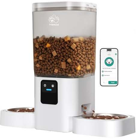 Frienhund Distributeur Croquettes Chat Automatique Double avec Alimentation Lente: 7L Gamelle Chat Automatique pour 2 Bols, WiFi 5G Distributeur Croquette Chien avec Alexa, Détachable