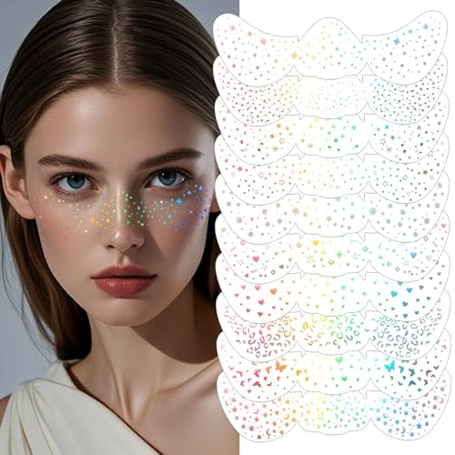 Prreal 10PCS Holographic Glitter Freckles Face Tattoo, Sparkle Freckles Sticker,Glow Up Matellic Temporary Tattoos Waterproof,For Women Girls Carnival Parties Festival Makeup