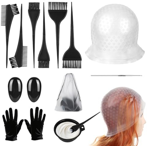 13 Pièces Kit Coloration Cheveux, Pinceau Coloration Cheveux avec Bonnet à Mèches, Bol Pliable, Peigne pour Coloration Capillaire, Protège-Oreilles, Gants Aiguille pour Femmes et Filles