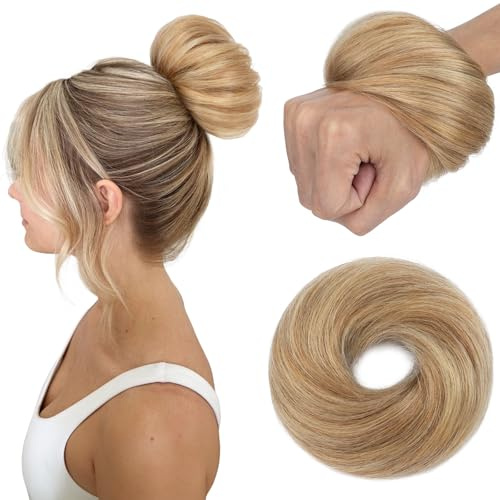S-noilite Echthaar Dutt - Scrunchies für Glatt Haar für Frauen, Elastisches Haarteil mit Gummiband,Dutt Haarteil Haargummi Mit Haaren 30g #12/613 Golden Brown/Gebleichtes Blond