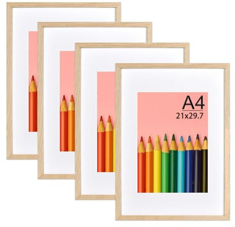 LYYYYX Bilderrahmen A4,Eiche Holz,Passepartout,Antireflex Acrylglas,4 Stk | Leichter Schmaler Dünner Holzrahmen,Passepartout für A5-Fotos, für Puzzles,Zertifikate , Collagen, Stehend oder hängend