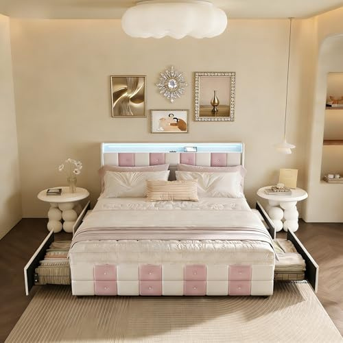 KRYZOR Lit 140x190cm avec Éclairage LED et Chargement USB, Lit 2 Personnes avec 4 tiroirs, Cadre de lit Moderne avec Sommier, pour Adultes et Adolescents, Velours (Blanc+Rosé)