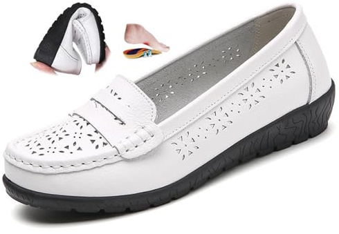 Mocassins orthopédiques pour femme en cuir respirant, large coupe mocassins classiques, mocassins de conduite, travail, chaussures d'allaitement, Blanc H, 40 EU
