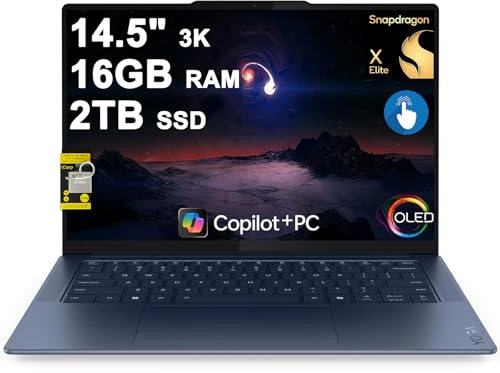 Lenovo Yoga Slim 7 Laptop 14.5 pollici 3K OLED Touch (100% DCI-P3 1000nits HDR Peak) Qualcomm 12-core Snapdragon X Elite (fino a 45 top) 16 GB RAM 2 TB SSD per Designer Business Work Win11 ICP Hub