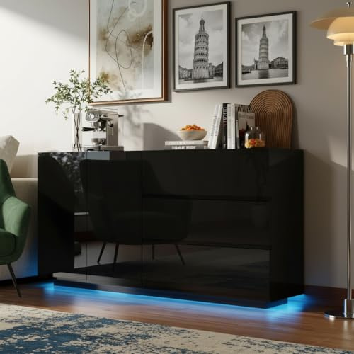 RXMORI Sideboard Hochglanz mit LED, Modernes Sideboard mit 2 Türen & 3 Schubladen, Versteckte Sprungtür,kommode geeignet für Esszimmer und Flur (Schwarz, 2 Türen, 3 Schubladen)