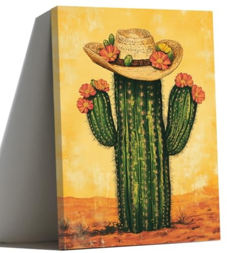 ZQQART Mexikanischer Kaktus gerahmtes Saguaro Bild mit Cowboyhut Gemälde Drucke Südwestliche Wüste Kunst Sukkulenten Boho Wohnzimmer Wanddekoration (Gelb,30x45cm)