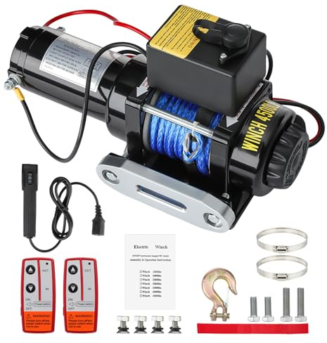 GEARFLOW 4500lb / 2041kg 12v Electric Winch, 1400w Powerful Motor, Heavy Duty Sealed Solenoid, 2pc Wireless Remote Control + Cable Remote Control, 12m Fiber Rope, for Off Road Vehicle Self-Rescue