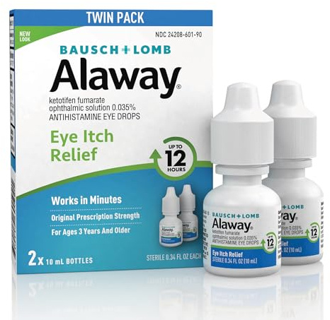 Alaway Antihistamine Eye Drops for Itchy Eyes, Fast-Acting, Up to 12-Hour Eye Itch Relief, Clinically Tested Prescription-Strength Formula, 0.34 Fl Oz (Pack of 2)