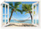 ARTLAND Wanddeko Poster & Kunstdrucke Wandposter 100x70 cm Fensterblick Fenster Strand Karibik Meer Palmen Hängematte Südsee T4TQ