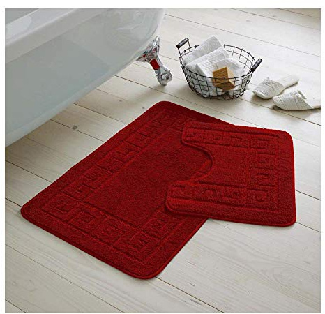 De Lavish Bath Mat Set 2 Piece Non Slip Rubber Pedestal and Bath Mat Set Toilet Greek Bathroom Rug New (Red)