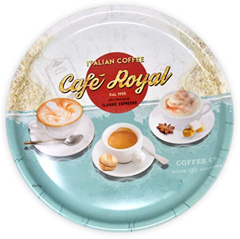 Lashuma Plateau rond en plastique - Plateau de cuisine robuste pour verres de 40 cm de diamètre - Motif : Café Royal