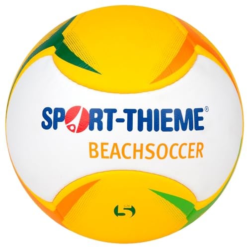 Sport-Thieme Beachsoccer Ball | Hochwertiger Strandfußball in Größe 4 o. 5 | Versiegelte Handnähte, Weich kaschiert, Wetterfest, Formbeständig | 4-lagige Oberfläche, Latexblase | Weiß-Gelb