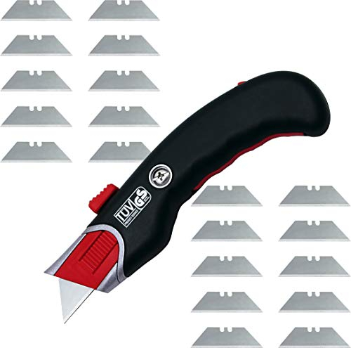 Wedo 78815 Safety Cutter Premium, TÜV/GS-geprüft, autom. Klingenrückzug, ergonomisch, auch für Linkshänder, inkl. 5 Ersatzklingen, schwarz/rot & Wedo 7881 Cutter Ersatzklingen Trapez 20 Stück, silber
