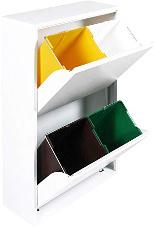 Dmora Platzsparender Abfalleimer für differenziert mit vier Eimer, Farbe weiß, Maße 60 x 92 x 25 cm